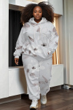 White Purple Floral Print Hooded Long Sleeve Jackets and Sweatpants Sportwear Two Pieces Jogger Sets