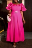 Rose Red Formal Evening Party Prom Gown V Neck Ruffle Sleeve Pleated Hem Maxi Wedding Guest Dresses