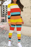 Orange Yellow Stripe Print O Neck Long Sleeve Sweatshirt And Skinny Pants Sportwear Casual Two Pieces Tracksuit Sweatpants Set