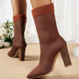 Brown Suede Women's Mid-Calf Sock Boots with High Heel