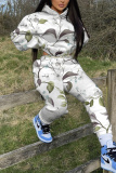 White Floral Print Hooded Long Sleeve Jackets and Sweatpants Sportwear Two Pieces Jogger Sets