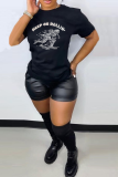 Black Casual Skull Letter Print O Neck Short Sleeve Slim Fitted T-Shirts