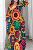 Black Yellow Casual Graphcis Print O Neck Long Sleeve Straight Floor Length Vacation Baggy Plus Size Maxi Dress