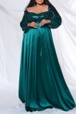 Green Sequin Evening Party Gown Square Neck Long Sleeve Floor Length Long Plus Size Pleated Glitter Prom Maxi Dress