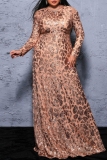 Gold Sequin Evening Party Gown Zipper O Neck Long Sleeve Floor Length Plus Size Bodycon Glitter Prom Maxi Dress