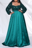 Green Sequin Evening Party Gown Square Neck Long Sleeve Floor Length Long Plus Size Pleated Glitter Prom Maxi Dress