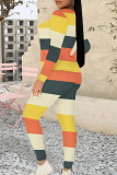 Orange Yellow Stripe Print O Neck Long Sleeve Sweatshirt And Skinny Pants Sportwear Casual Two Pieces Tracksuit Sweatpants Set