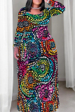 Black Yellow Casual Graphcis Print O Neck Long Sleeve Straight Floor Length Vacation Baggy Plus Size Maxi Dress