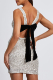 Silver Sequin Evening Party Gown Sleeveless Lace Up Backless O Neck Wrapped Skirt Bodycon Glitter Prom Bodycon Mini Dresses(Mainly in kind)