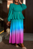 Lake Green Casual Gradient Print Patchwork O Neck Lantern Sleeve Plus Size Pleated Maxi Dresses
