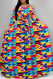 Yellow Boho Graphics Print Deep V Neck 3/4 Sleeve Strap Design Belted Floor Length Plus Size Vacation Loose A Line Maxi Dress