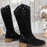 Green Suede Women's Mid-Calf Boots with Almond Toe and Decorative Strap