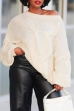White Casual O Neck Long Sleeve Fall Winter Knitted Sweater Tops