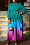 Lake Green Casual Gradient Print Patchwork O Neck Lantern Sleeve Plus Size Pleated Maxi Dresses