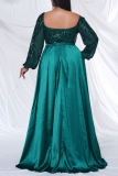 Green Sequin Evening Party Gown Square Neck Long Sleeve Floor Length Long Plus Size Pleated Glitter Prom Maxi Dress