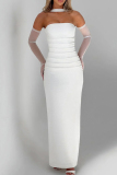 Claret Formal Evening Party Prom Patchwork Backless Strapless Mesh Sleeve Slit Three Pieces Dress Sets