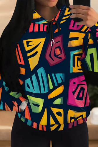 Navy Blue Casual Graphics Boho Print Long Sleeve Draw String Pocket Fall Winter  Hooded Sweatshirt