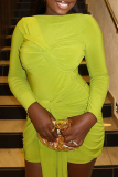 Yellow Green Formal Evening Party Prom Casual Patchwork Ruched O Neck Long Sleeve Wrapped Skirt Dresses