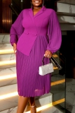 Purple Formal Evening Party Prom Wedding Guest Turndown Collar Long Sleeve Pleated Midi Dresses