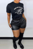 Black Casual Skull Letter Print O Neck Short Sleeve Slim Fitted T-Shirts