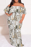 White Casual Plaid Floral Letters Print Off Shoulder Flutter Sleeve Long Loose Vacation Plus Size Maxi Dresses
