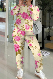 Gray purple Floral Print O Neck Long Sleeve Sweatshirt And Skinny Pants Sportwear Casual Two Pieces Tracksuit Sweatpants Set