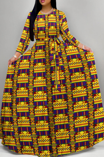 Yellow Boho Graphics Print Deep V Neck 3/4 Sleeve Strap Design Belted Floor Length Plus Size Vacation Loose A Line Maxi Dress