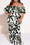 White Casual Plaid Floral Letters Print Off Shoulder Flutter Sleeve Long Loose Vacation Plus Size Maxi Dresses