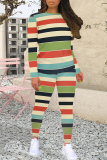 Orange Yellow Stripe Print O Neck Long Sleeve Sweatshirt And Skinny Pants Sportwear Casual Two Pieces Tracksuit Sweatpants Set