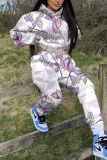 White Floral Print Hooded Long Sleeve Jackets and Sweatpants Sportwear Two Pieces Jogger Sets