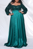 Green Sequin Evening Party Gown Square Neck Long Sleeve Floor Length Long Plus Size Pleated Glitter Prom Maxi Dress