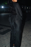 Black Formal Evening Party Prom Casual U Neck Long Sleeve Ruffled Trim Long Bodycon Maxi Dresses