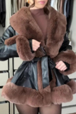 Black Patchwork Strap Design Cardigan Collar Long Sleeve Faux Fur Belted PU Leather Jackets