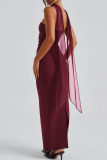 Claret Formal Evening Party Prom Patchwork Backless Strapless Mesh Sleeve Slit Three Pieces Dress Sets