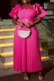 Rose Red Formal Evening Party Prom Gown V Neck Ruffle Sleeve Pleated Hem Maxi Wedding Guest Dresses