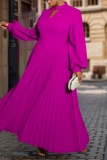 Rose Red Formal Office Crewneck with Cut-Outs Long Sleeve Plus Size Pleated Maxi Dresses