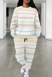 Orange Red Stripe Print O Neck Long Sleeve Sweatshirt And Skinny Pants Sportwear Casual Two Pieces Tracksuit Sweatpants Set