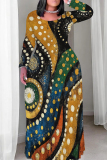 Black Yellow Casual Graphcis Print O Neck Long Sleeve Straight Floor Length Vacation Baggy Plus Size Maxi Dress