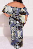 White Casual Plaid Floral Letters Print Off Shoulder Flutter Sleeve Long Loose Vacation Plus Size Maxi Dresses
