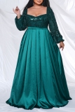 Green Sequin Evening Party Gown Square Neck Long Sleeve Floor Length Long Plus Size Pleated Glitter Prom Maxi Dress