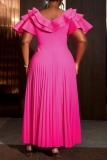 Rose Red Formal Evening Party Prom Gown V Neck Ruffle Sleeve Pleated Hem Maxi Wedding Guest Dresses