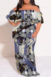 White Casual Plaid Floral Letters Print Off Shoulder Flutter Sleeve Long Loose Vacation Plus Size Maxi Dresses