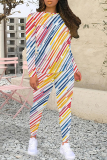 Orange Yellow Stripe Print O Neck Long Sleeve Sweatshirt And Skinny Pants Sportwear Casual Two Pieces Tracksuit Sweatpants Set