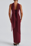 Claret Formal Evening Party Prom Patchwork Backless Strapless Mesh Sleeve Slit Three Pieces Dress Sets