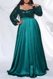 Green Sequin Evening Party Gown Square Neck Long Sleeve Floor Length Long Plus Size Pleated Glitter Prom Maxi Dress