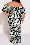 White Casual Plaid Floral Letters Print Off Shoulder Flutter Sleeve Long Loose Vacation Plus Size Maxi Dresses