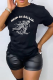 Black Casual Skull Letter Print O Neck Short Sleeve Slim Fitted T-Shirts