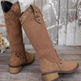 Green Suede Women's Mid-Calf Boots with Almond Toe and Decorative Strap