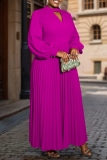 Rose Red Formal Office Crewneck with Cut-Outs Long Sleeve Plus Size Pleated Maxi Dresses
