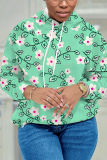 Khaki Casual Floral Print Long Sleeve Draw String Pocket Fall Winter Hooded Sweatshirt
